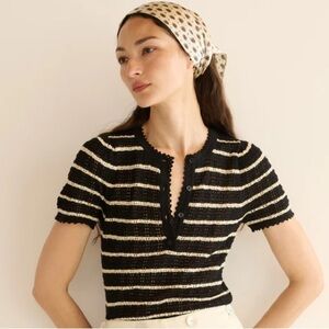 NWT Doen Brandie Cotton Silk Short Sleeve Puff Sweater Top Noir Allaire Stripe